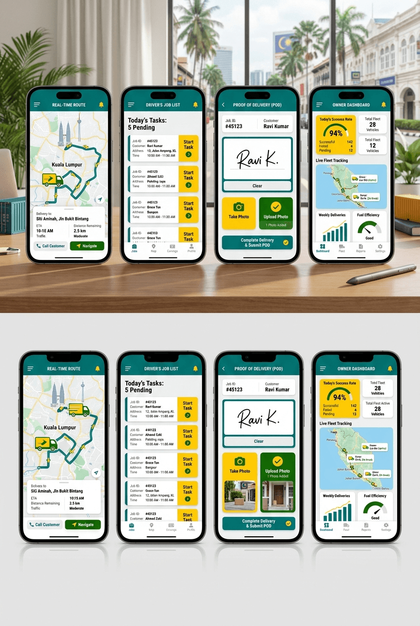 Illustrated logistics mobile workflow showing route, driver jobs, proof of delivery, and owner reporting screens