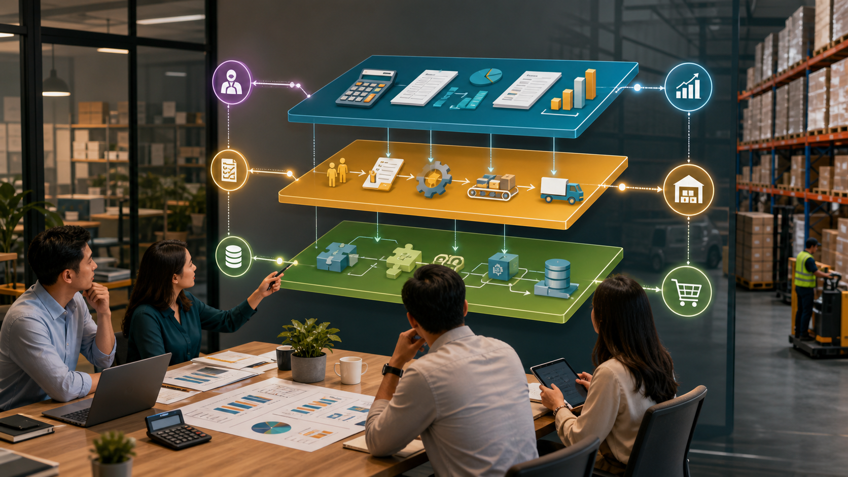 Layered business system roadmap comparing accounting, operational workflow and custom ERP modules