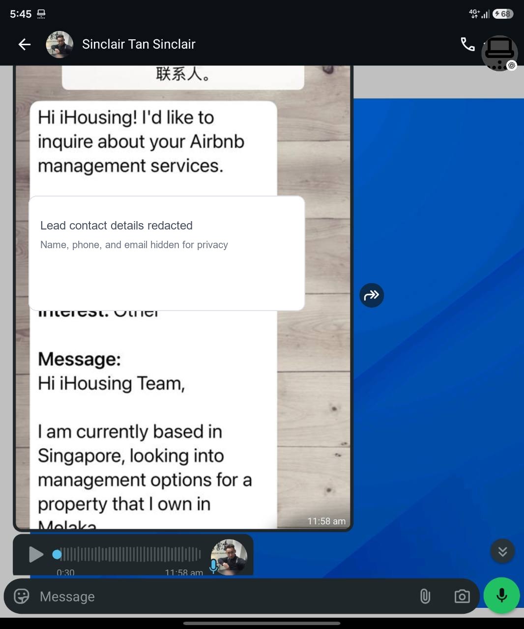 Sanitized WhatsApp testimonial from Sinclair for iHousing showing an Airbnb management enquiry.