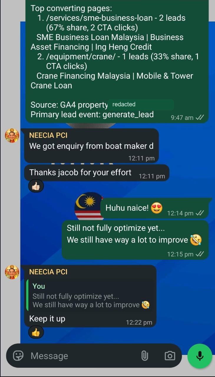Sanitized WhatsApp testimonial from Neecia for Ing Heng Credit showing an enquiry from SEO pages.