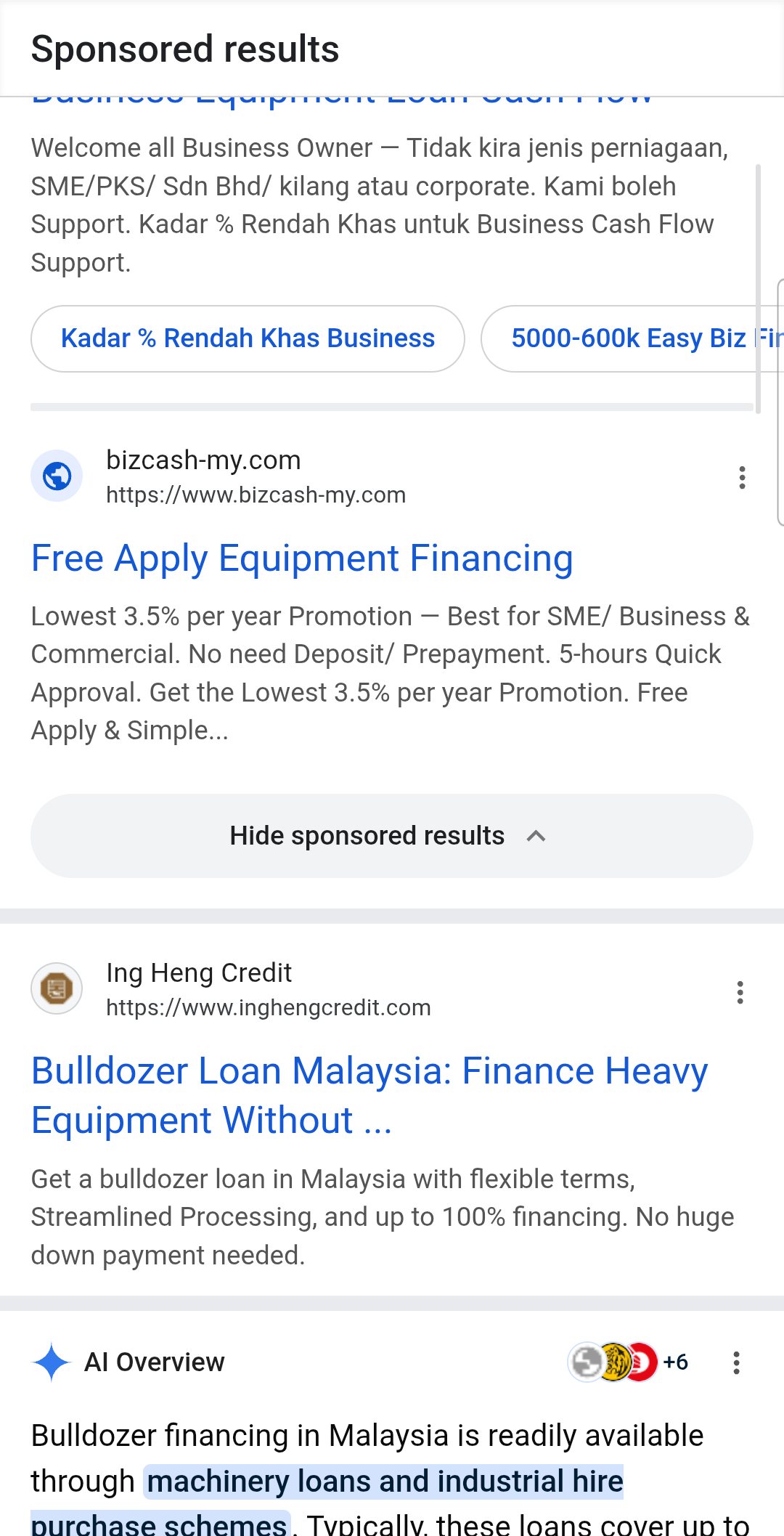 Google search result for bulldozer loan malaysia showing an Ing Heng Credit organic result.