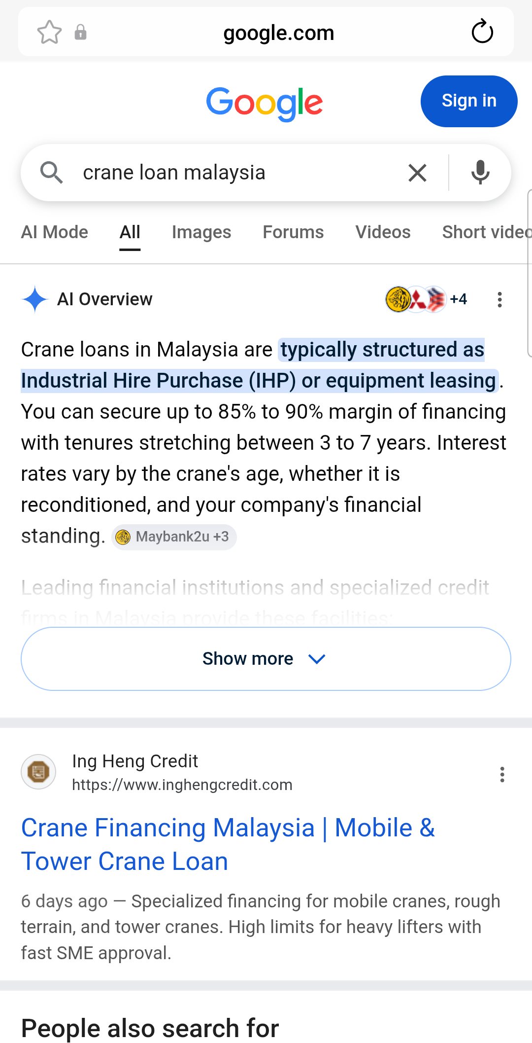 Google search result for crane loan malaysia showing an Ing Heng Credit organic result.