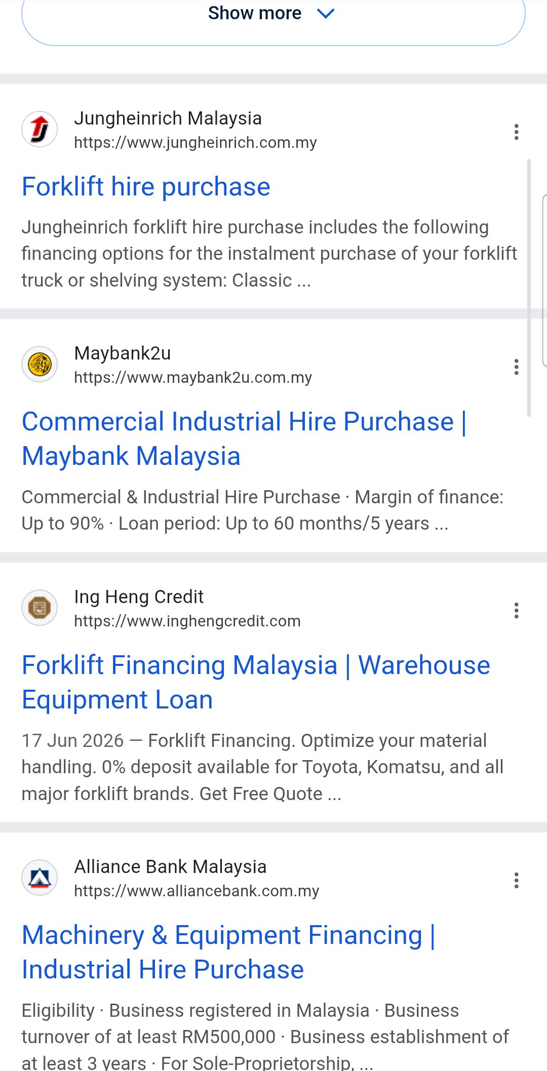Google search result for forklift loan malaysia showing an Ing Heng Credit organic result.