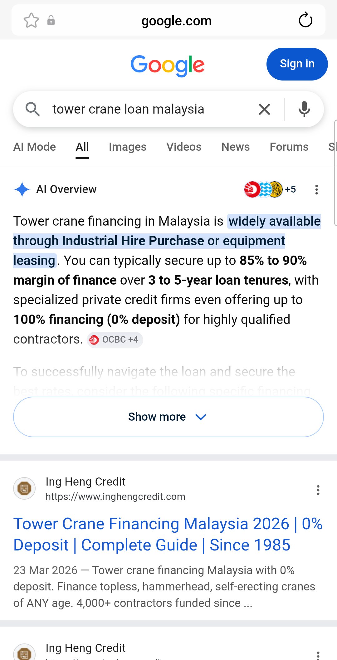 Google search result for tower crane loan malaysia showing Ing Heng Credit results.