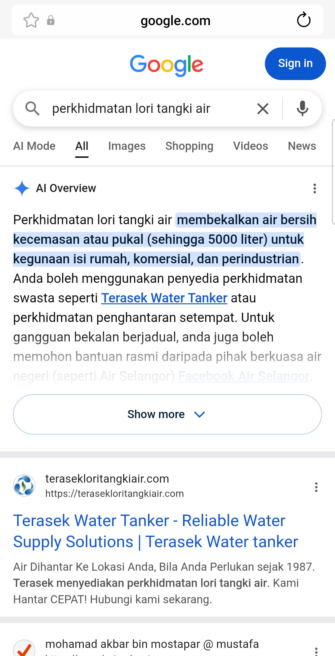 Google search result for perkhidmatan lori tangki air showing Terasek Water Tanker in AI Overview and a Terasek organic result.